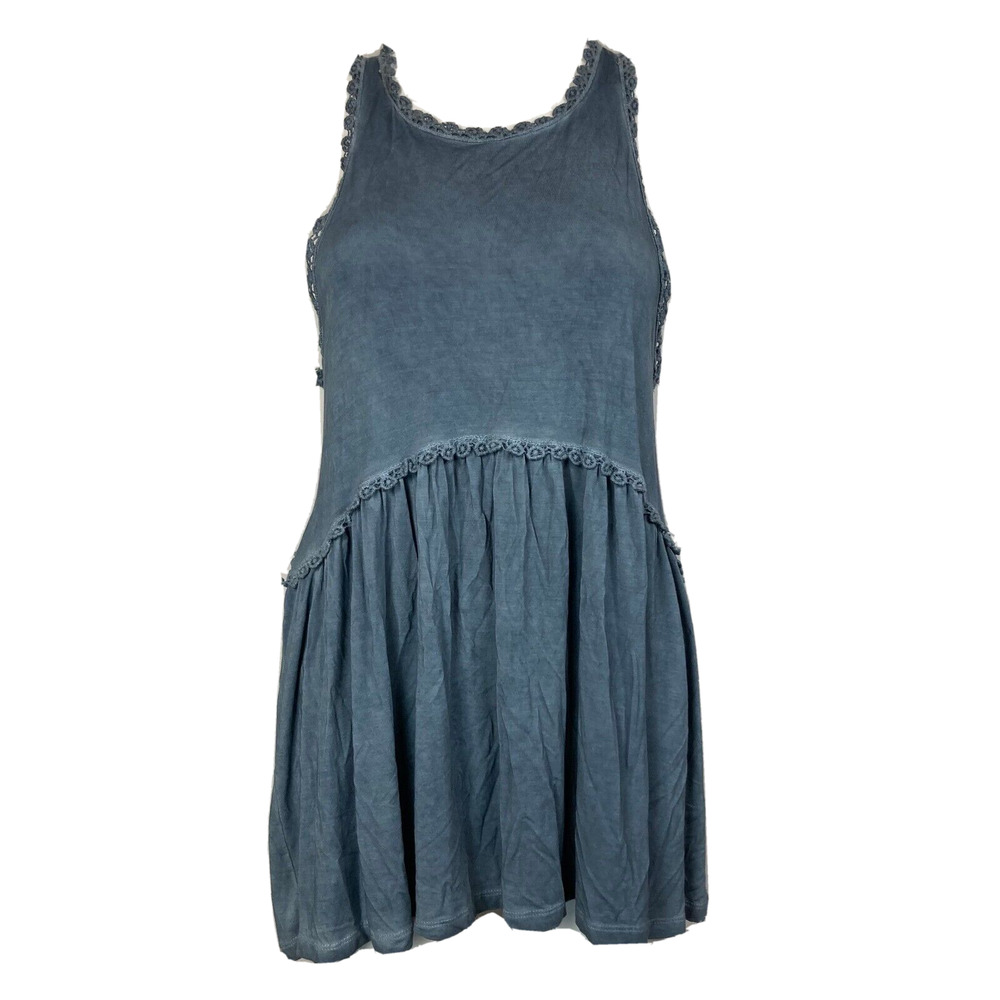 POL Shirt Womens Sz S Blue Knit Stretch Crochet Lace Trim Baby Doll Tank Top
